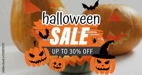 Image of halloween sale text with ghosts over orange carved pumpkins