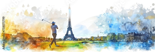 watercolor illustration, the Summer Olympic Games in Paris, golf against the backdrop of the Eiffel Tower and a panorama of the city's attractions photo