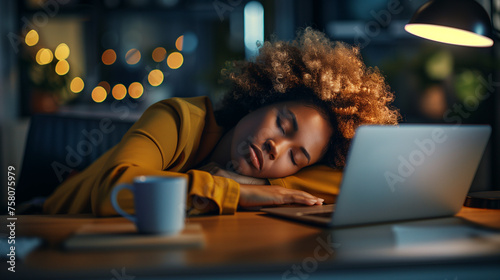 Young professional black woman sleeping on her office desk in front of her laptop and coffee at night photo