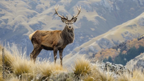 Stunning red deer stag on tussock grass ridge in queenstown, new zealand - majestic wildlife photography