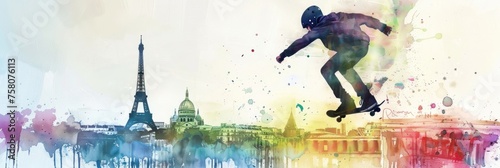 flat illustration  the Summer Olympic Games in Paris  the silhouette of a skateboarder against the background of the Eiffel Tower and a panorama of the city s attractions