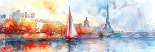 watercolor illustration, the Summer Olympic Games in Paris, a sailboat on the background of the Eiffel Tower and a panorama of the city's attractions, the Seine River photo