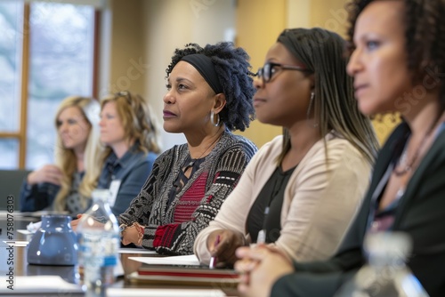 Focused multi-ethnic women participating actively in a business seminar