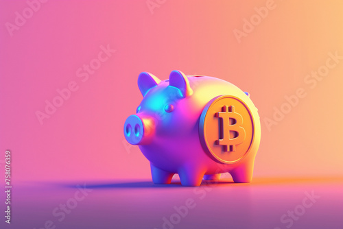 Piggi bank with coins 3d illustration, orange and purple colors