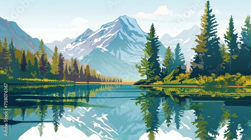 Tranquil mountain landscape: reflective lake amidst majestic peaks and trees, capturing nature's serenity © Ashi