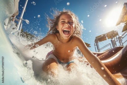 Laughing happy girl in a water park sliding down the toboggan, splashes and foam, joy from active recreation in summer bright sun