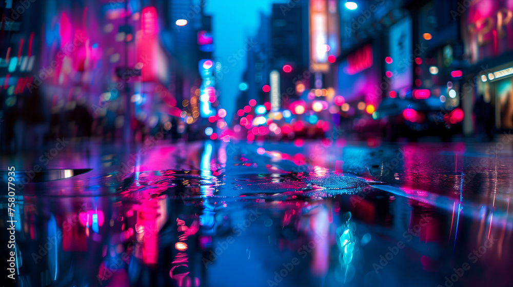 a vibrant, rain-soaked city street at night, glowing with the reflections of neon lights in puddles, creating a mesmerizing atmosphere filled with hues of pink, blue, and red.