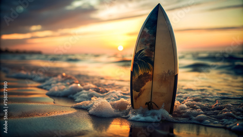 Primer plano de una tabla de surf serigrafiada. Deporte en la playa con tabla de surf. Orilla de la playa al atardecer. Concepto deporte.