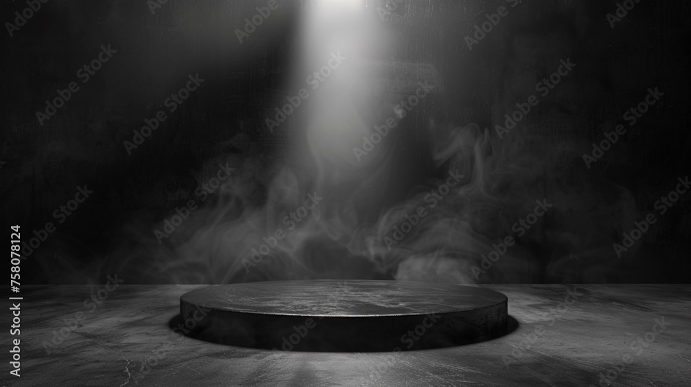 Dramatic dark black podium with a smoke in the background. 3d display product abstract minimal scene. Empty platform with fog or smoky dust in the background. Concrete wallpaper. Studio and products.