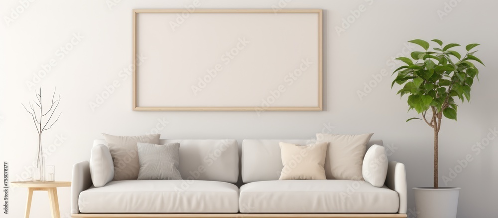 Living room mockup with square frame, gray sofa and plant. Interior design . Living room mockup with square frame, gray sofa and plant. Interior design .