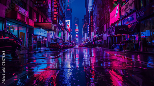 a neon-lit city street at night, glistening with rain, showcasing vibrant reflections on the wet pavement, with parked cars and illuminated storefronts adding to the urban ambiance.