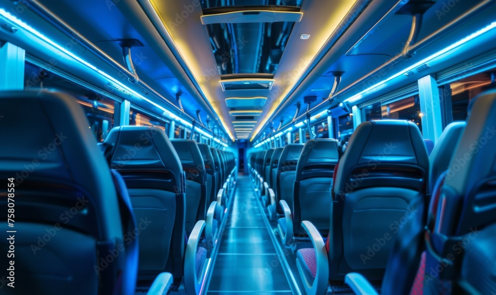 Obraz premium Spacious and empty interior of a city bus with comfortable seats and bright lighting