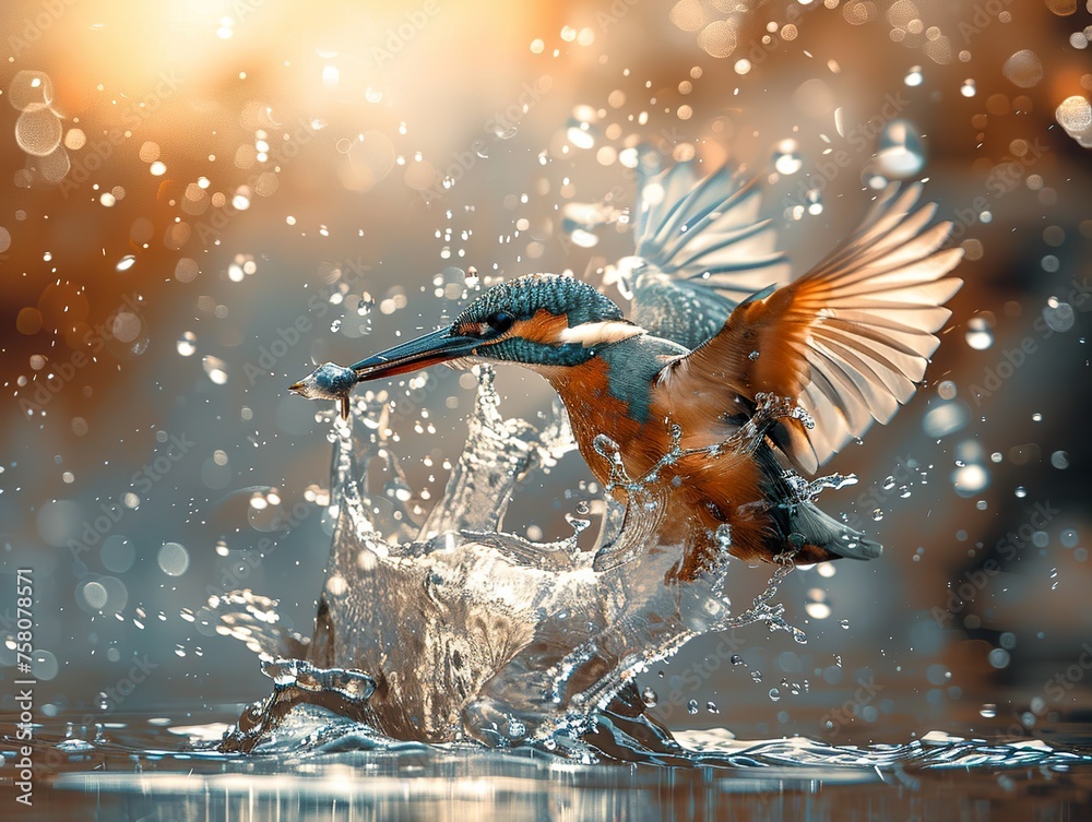kingfisher diving down to catch fish, water splashing around it, wildlife photography kingfisher diving down to catch fish, water splashing around it, wildlife photography