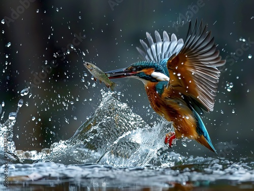 kingfisher diving down to catch fish, water splashing around it, wildlife photography