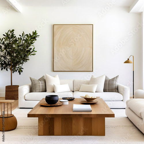 Boho interior design of modern living room, home. Sofa against wall with poster frame.