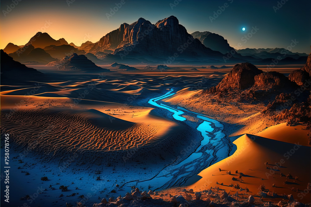 Niebieska i Złota godzina nad Wadi Rum, Jordania - obrazy, fototapety, plakaty 