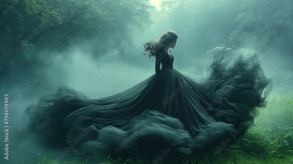 Woman in Long Black Dress in Forest Woman in Long Black Dress in Forest