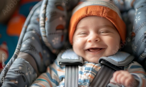 Smiling baby in a car seat, radiating happiness.
