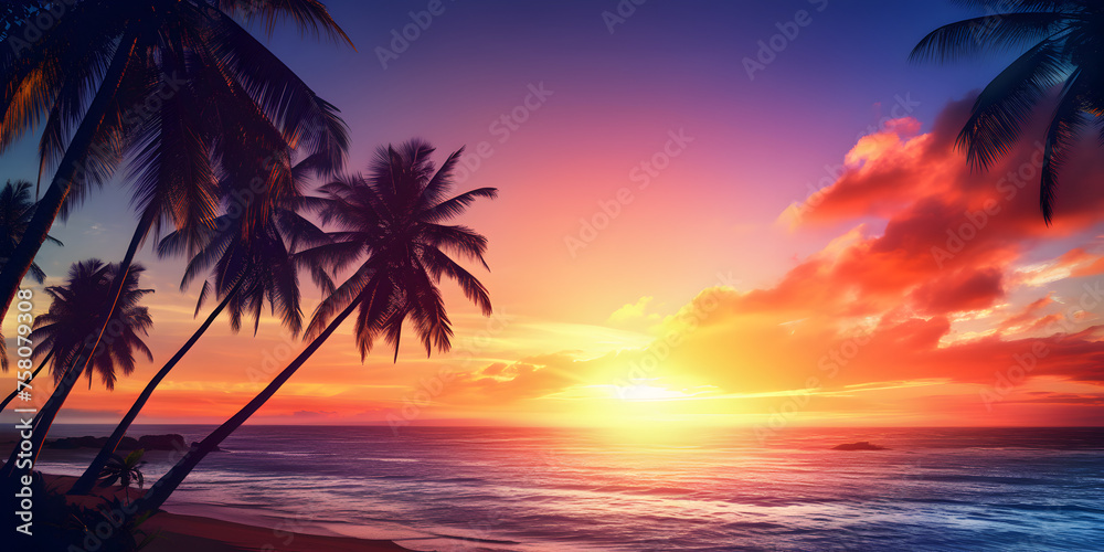 unset on tropical beach, Beach HD Wallpapers Images.Travel and vacation time is enhanced by a serene tropical beach scene featuring a palm tree pink sky and beautiful sunset