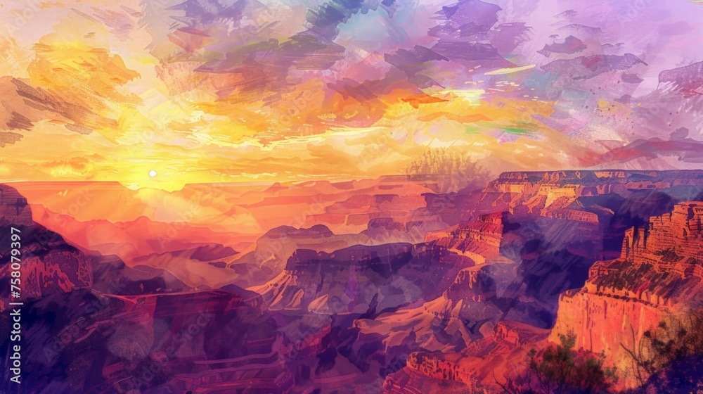 Hand-drawn pastel digital watercolour paint sketch Serenity sweeps over the Grand Canyon as the setting sun paints the sky with hues of orange and purple 