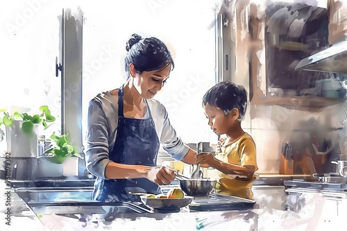 Hand-drawn pastel digital watercolour paint sketch Single mother in a chic urban apartment teaches preschooler a breakfast recipe highlighting the joy and challenges of urban parenthood  photo