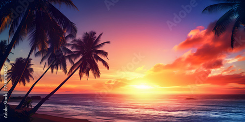 unset on tropical beach, Beach HD Wallpapers Images.Travel and vacation time is enhanced by a serene tropical beach scene featuring a palm tree pink sky and beautiful sunset © kin