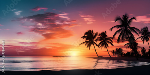 Vibrant tropical island sunset with a golden reflection on the ocean palm trees silhouette and colorful sky Perfect for a summer.HD wallpaper