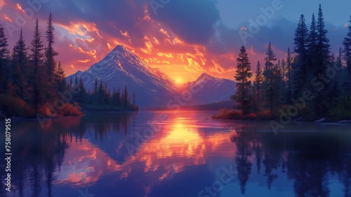 Mystical Sunset. A Majestic Mountain Silhouetted Against a Radiant Red Moon Amidst a Tranquil Forest and Reflective Lake.