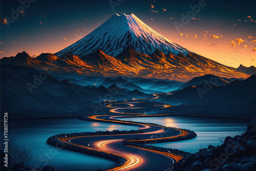 Błękitna i złota godzina nad górą Fuji w Japonii