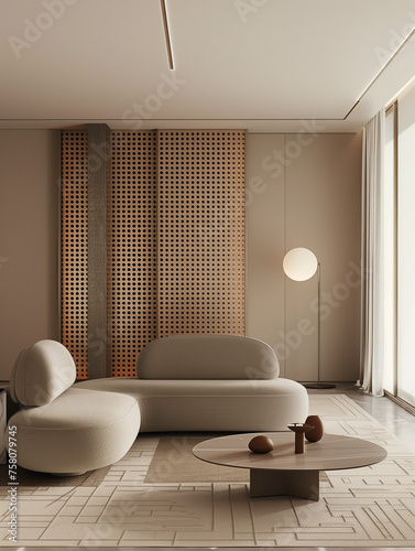 modern interior of living room, sofa and coutch in retro vintage modern style. luxury room