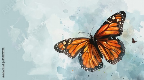 Hand-drawn pastel digital watercolour paint sketch Monarch butterfly mid-flight its intricate orange and black wings contrasting against a pale cloudless blue North American sky 