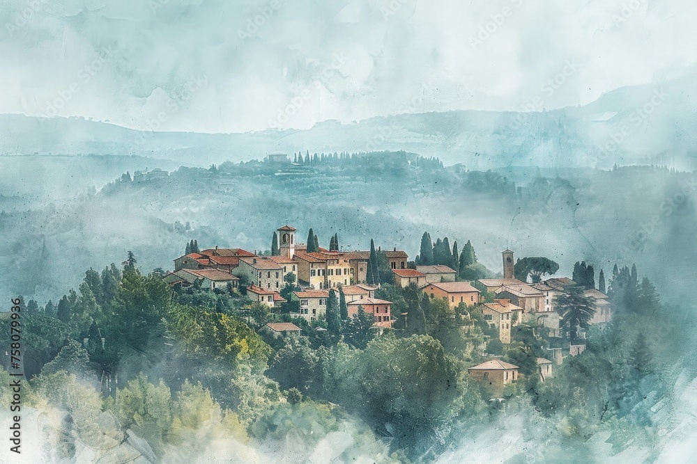 Digital watercolor misty lush italian village
