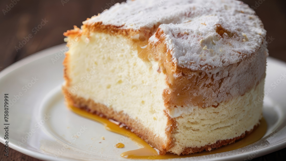 Close-up photograph of a fluffy sponge cake topped with powdered sugar, elegantly presented on a plate, showcasing the delicate sweetness and light texture of this delectable dessert, perfect for temp