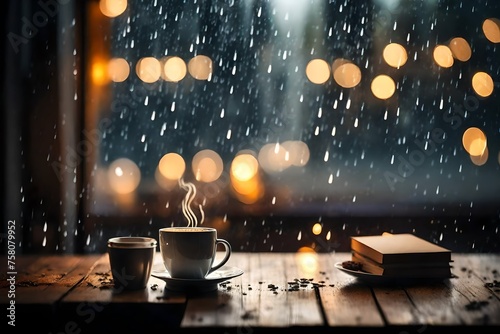 Hot coffee cup on the table , the window blurred rain background and a fairy light at night, creating a relaxing atmosphere. free space for writing messages, background for imaginary text photo
