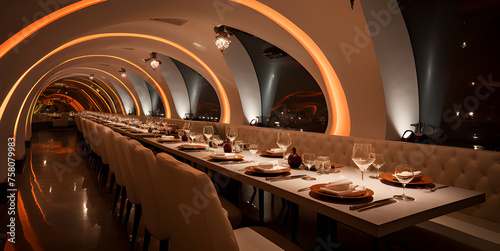 A long dining table complete with chairs in an arch shaped resturant , Luxury modern food restaurant