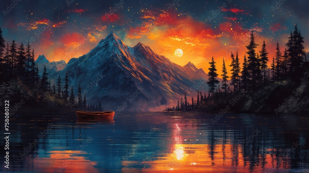 Mystical Sunset. A Majestic Mountain Silhouetted Against a Radiant Red Moon Amidst a Tranquil Forest and Reflective Lake.