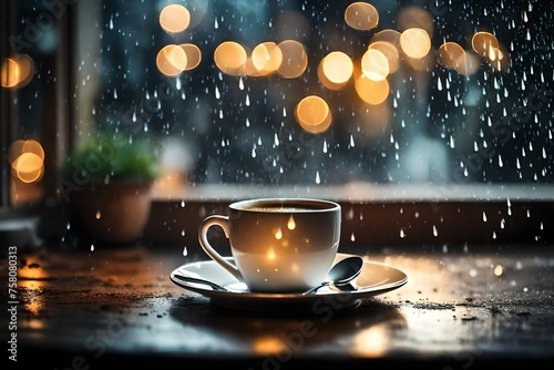 Hot coffee cup on the table   the window blurred rain background and a fairy light at night  creating a relaxing atmosphere. free space for writing messages  background for imaginary text