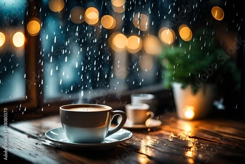 Hot coffee cup on the table , the window blurred rain background and a fairy light at night, creating a relaxing atmosphere. free space for writing messages, background for imaginary text