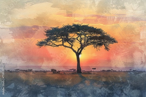 Hand-drawn pastel digital watercolour paint sketch Majestic African savannah bathes in the soft glow of a setting sun casting long shadows and creating a picturesque silhouette of a lone acacia tree  © fotogurmespb