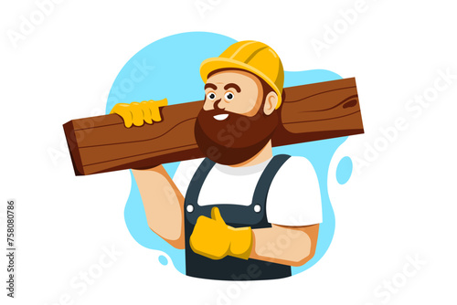 Technician man cartoon with carrying wooden plank on isolated background, Vector illustration.