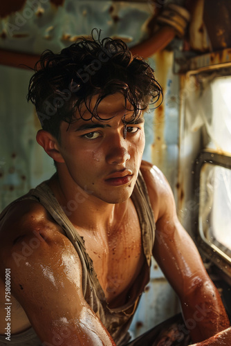An angry, heavyset, handsome, smart, cool, dark brown-haired man, with a raggedy ill-fitting tank top showcasing his six-pack, is depicted in a close-up shot within an old trailer lacking air conditio