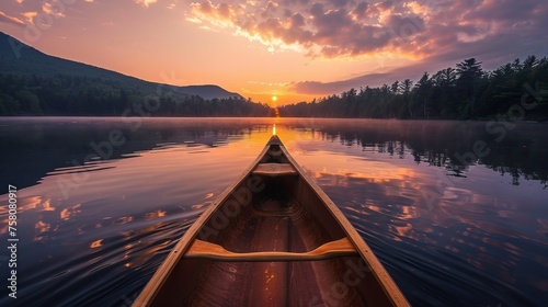 Serene sunrise: adirondack guide canoe glides on connery pond, adirondack park, ny, usa
