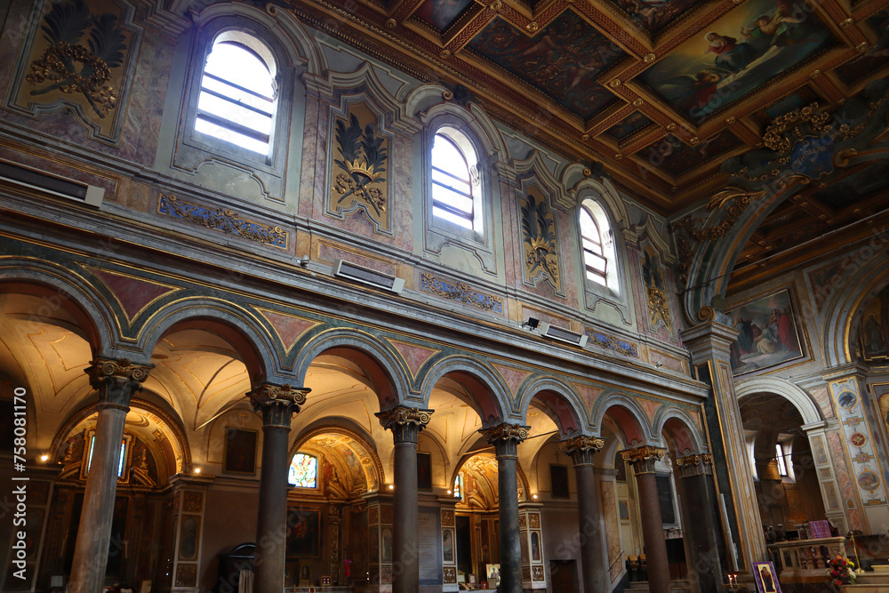 Interior of Basilica of San Bartolomeo on the Tiber Island in Rome, Italy	
