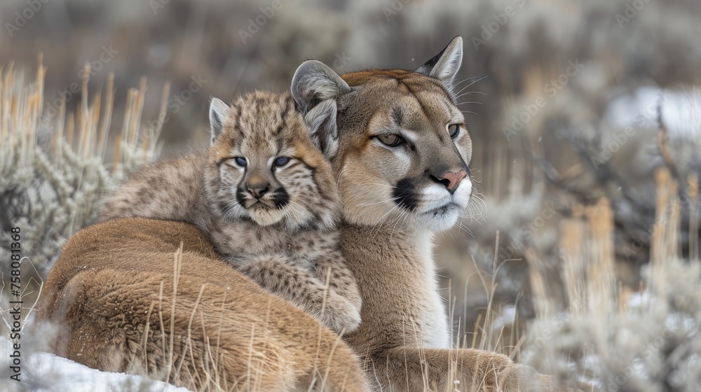 Obraz premium Male puma and cub portrait with empty space on the left for text, object on the right side