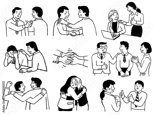 Cute character illustration doodle set of businesspeople giving consoling, encouragement, support, and help to each other. Outline, thin line art, hand drawn sketch.  