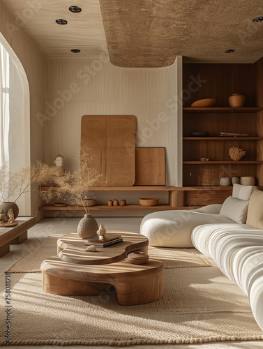 modern interior of living room, sofa and coutch in retro vintage modern style. luxury room
