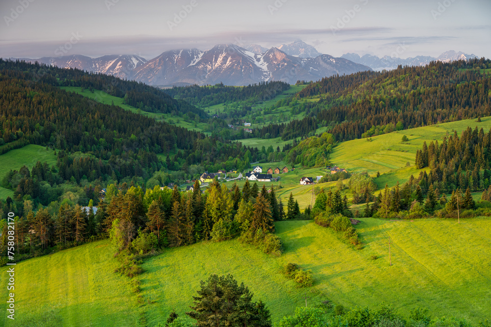 Spring view of the Tatra Mountains from Grandeus peak. Green meadow and trees in foreground. Tatra peaks partly covered by colorful clouds.