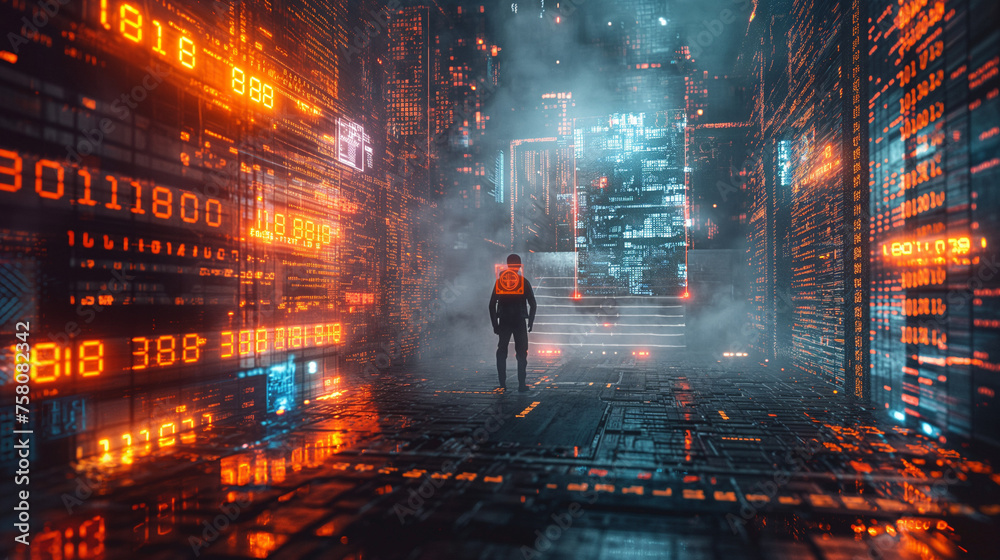 Person Walking in Futuristic Digital Cityscape