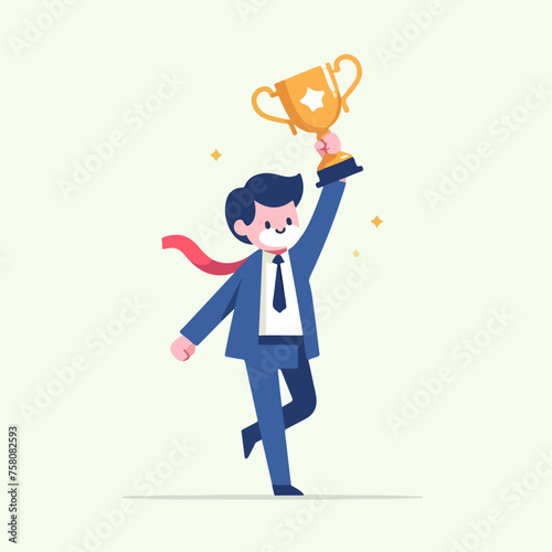 illustration of a business person holding a trophy. simple flat style