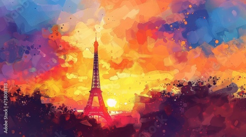 Hand-drawn pastel digital watercolour paint sketch Dramatic sky ablaze with fiery hues highlights the silhouette of the Eiffel Tower against a sunset backdrop 